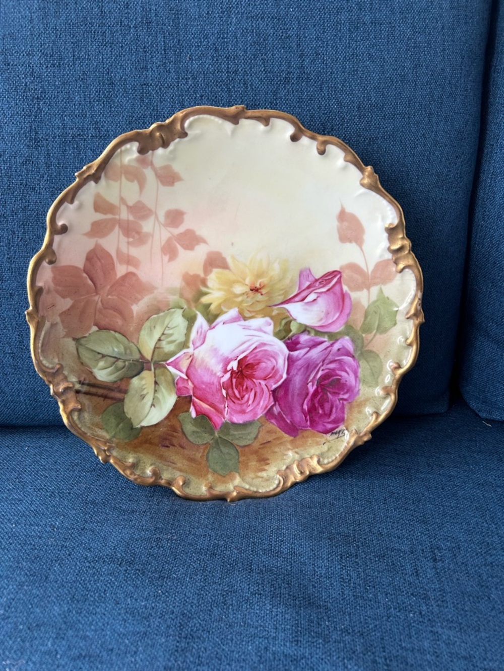 Limoges Antique Hand-Painted Floral Decorative Plate with Gold Trim